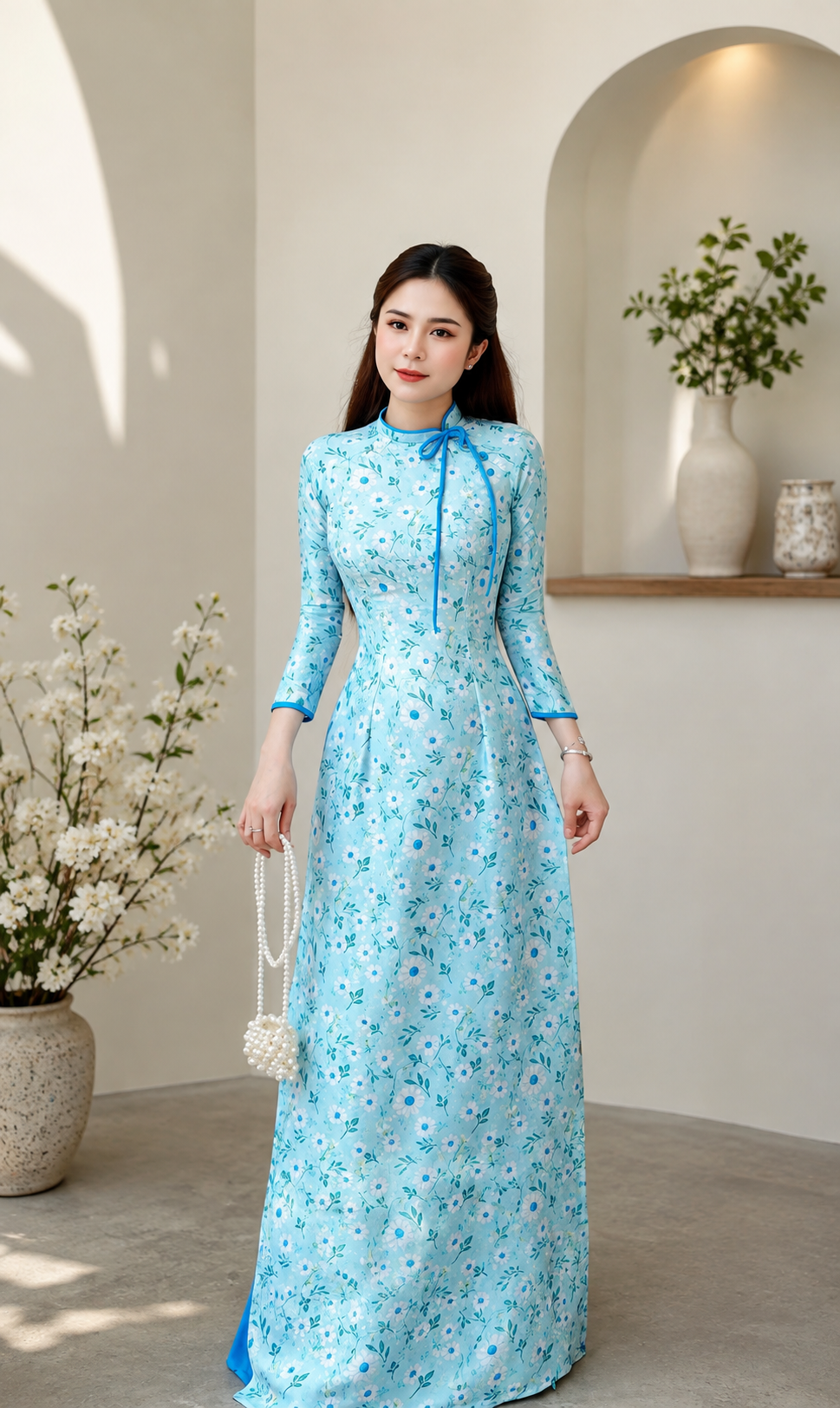 Traditional Silk Ao Dai Asymmetric Collar - Blue
