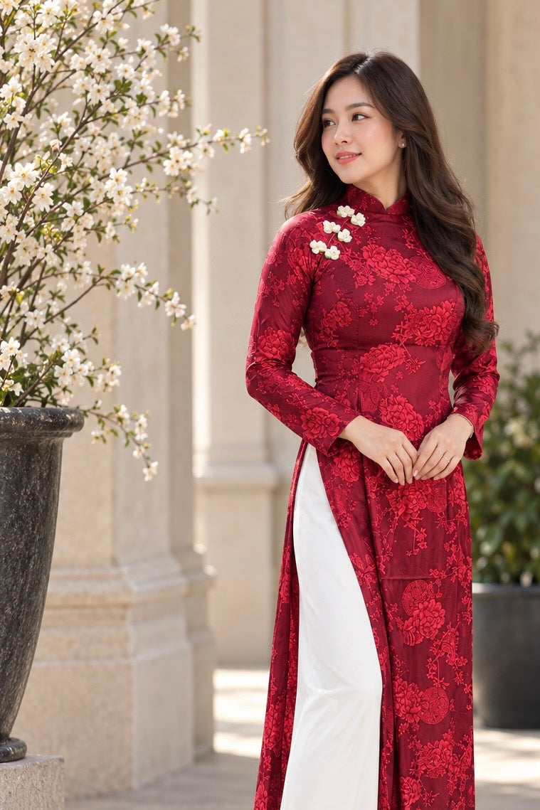 Traditional Ha Nam Silk Áo Dài – Deep Burgundy Red