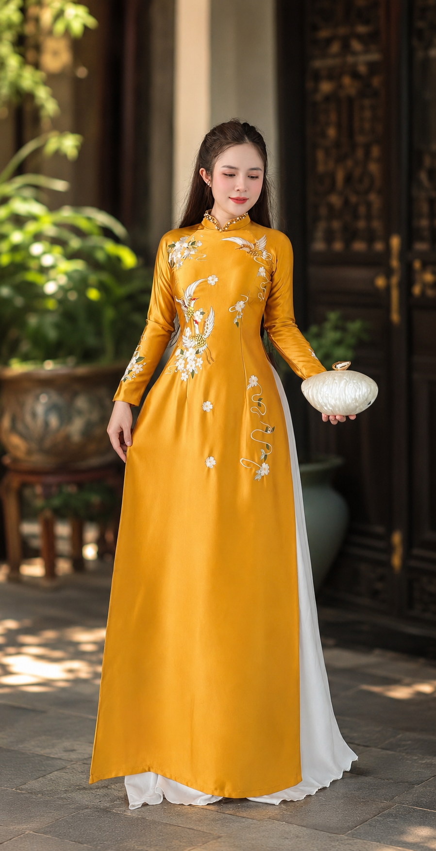 Sleeve-Embroidered Crepe Ao Dai Set – Dusty Rose