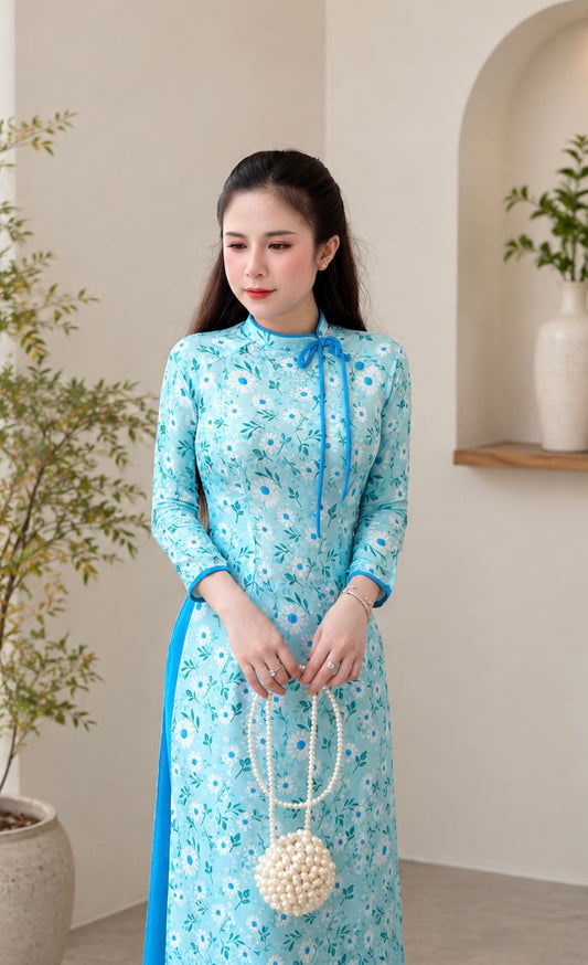 Traditional Silk Ao Dai Asymmetric Collar - Blue