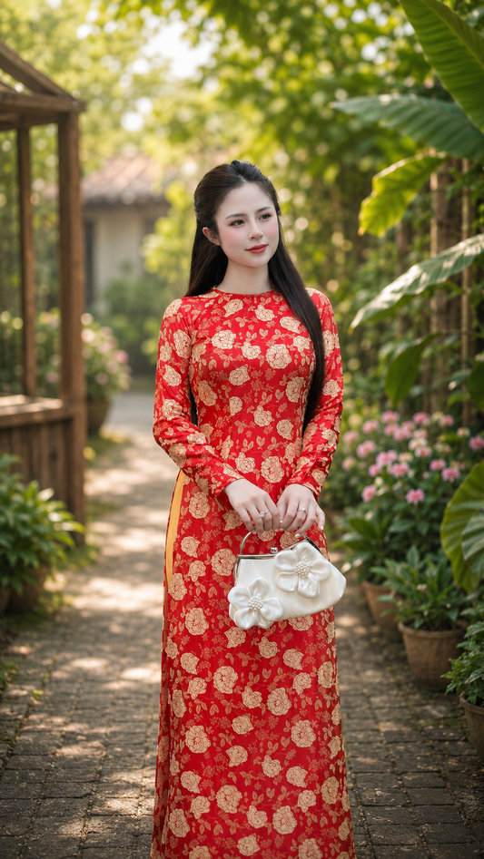 Traditional Floral Textured Silk Áo Dài – Red & Gold