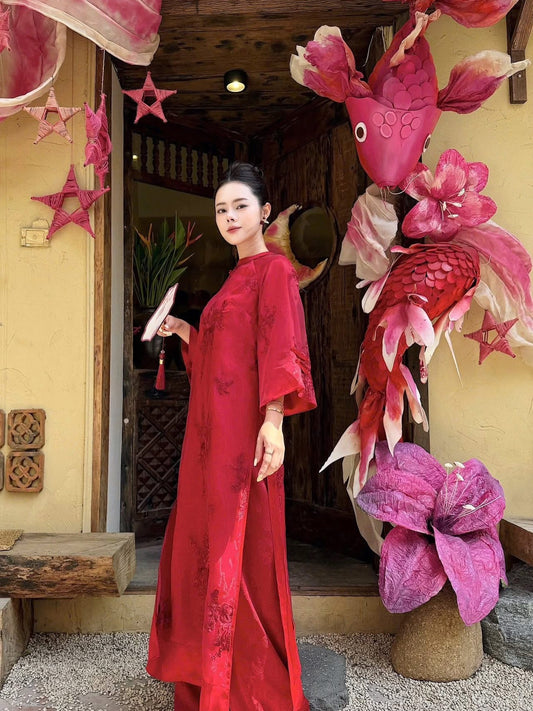 Chrysanthemum Embroidered Ao Dai Set – Crimson Red