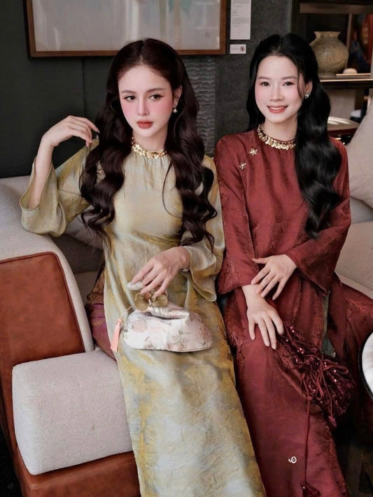 Tencel Silk Ao Dai Set – Chocolate / Metallic Gold