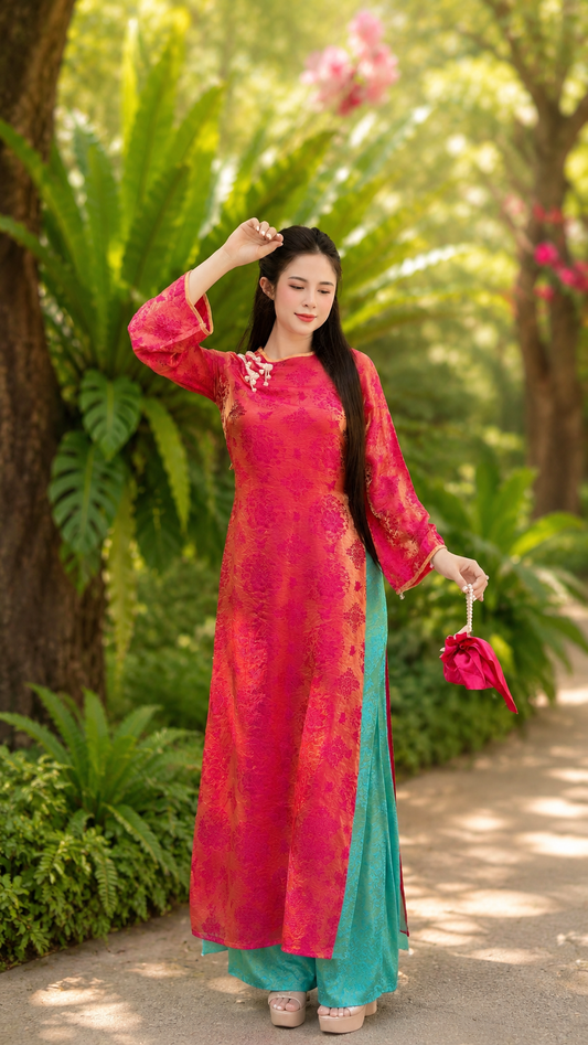 Modern Tencel áo dài - Lotus Pink Green Pants