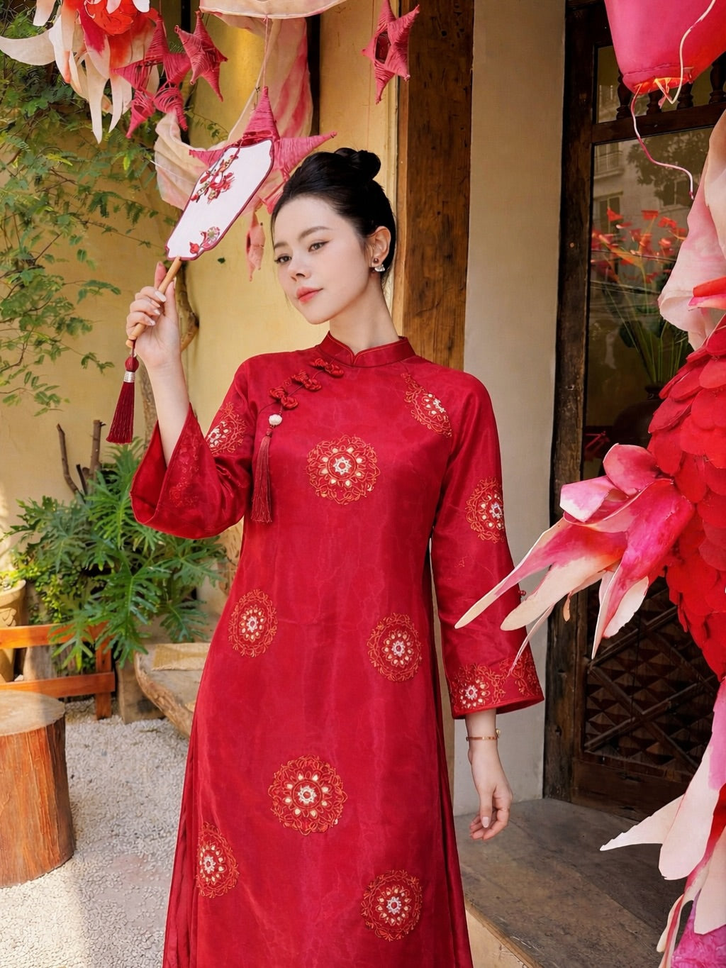 Modern 4-Panel (4 Tà) Silk Ao Dai Set – Crimson Red