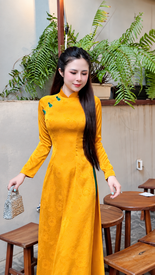 Traditonal Dubai Silk Ao Dai - Yellow and green pants