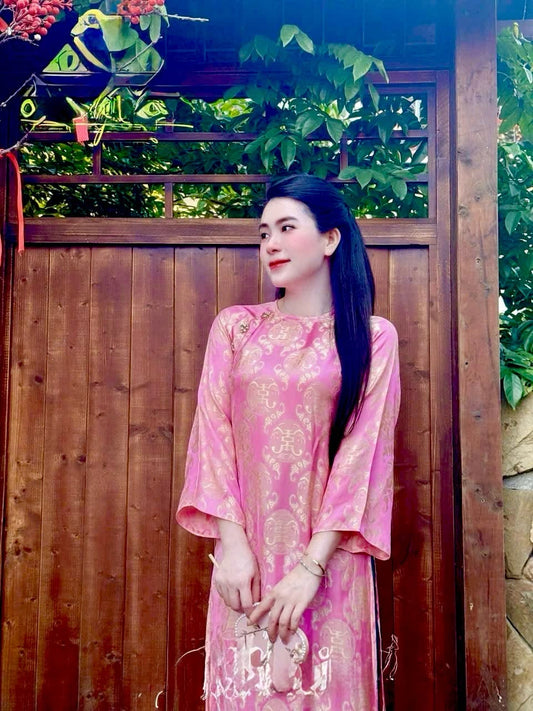 Traditional Hà Nam Silk Longevity Motif Ao Dai Set – Ruby Red