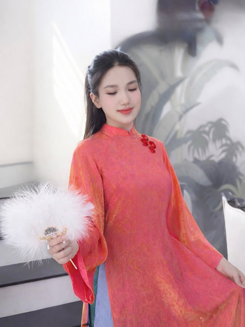 Modern 4-Panel (4 Tà) Tencel Silk Ao Dai Set – Coral Pink