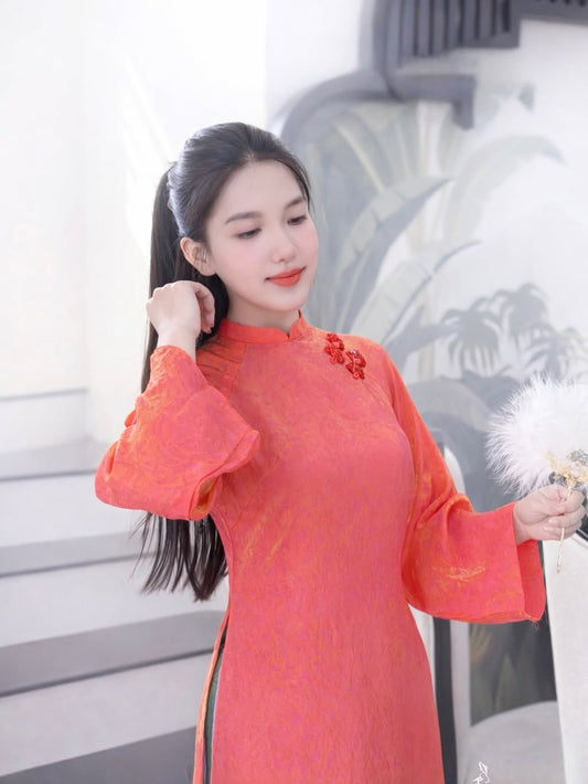 Modern 4-Panel (4 Tà) Tencel Silk Ao Dai Set – Coral Pink