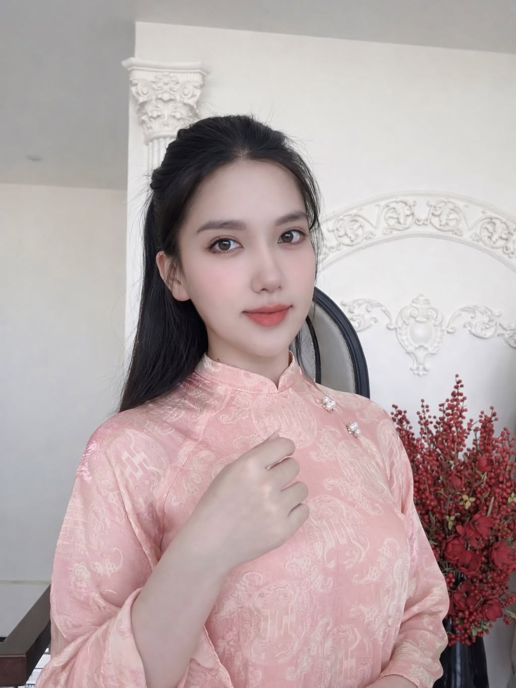 Modern 4-Panel (4 Tà) Tencel Silk Ao Dai Set – Soft Peach