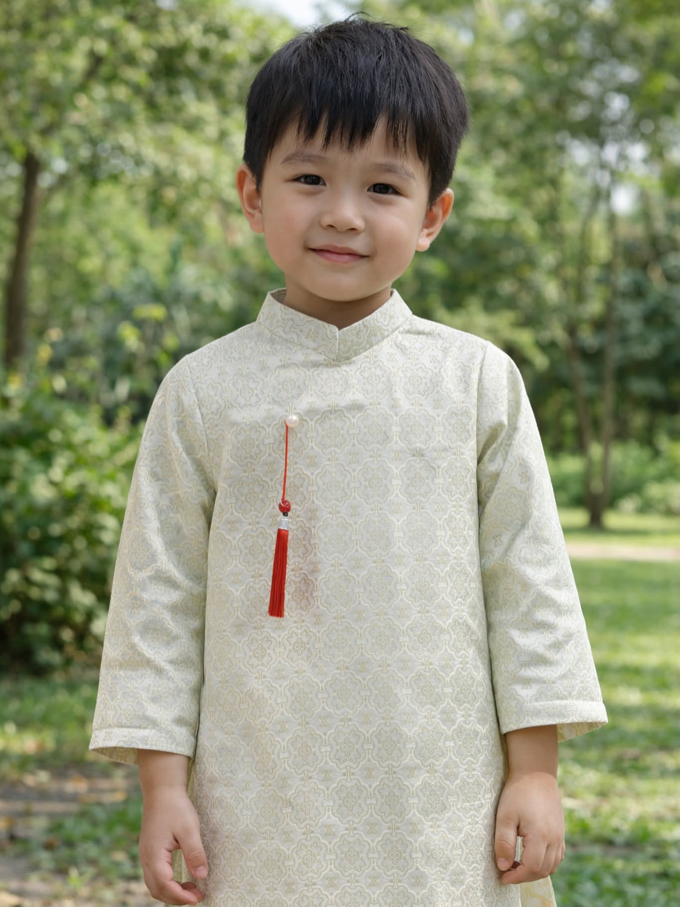 Boys' Traditional Silk Ao Dai Set – Cream & Sage Green