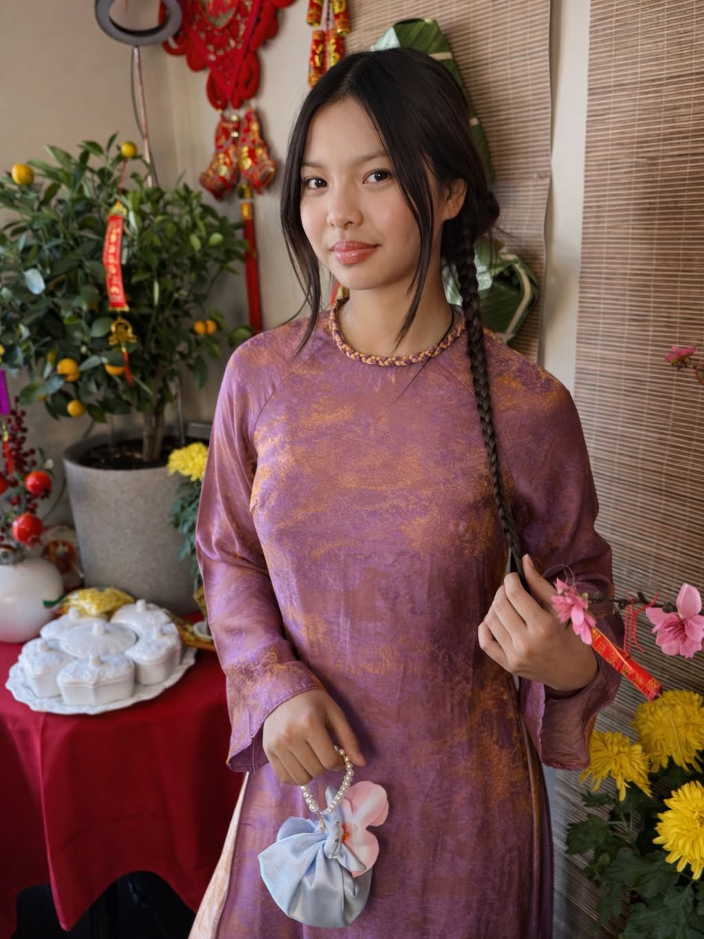 Modern Relaxed-Fit Tencel Silk Ao Dai Set – Purple-Pink