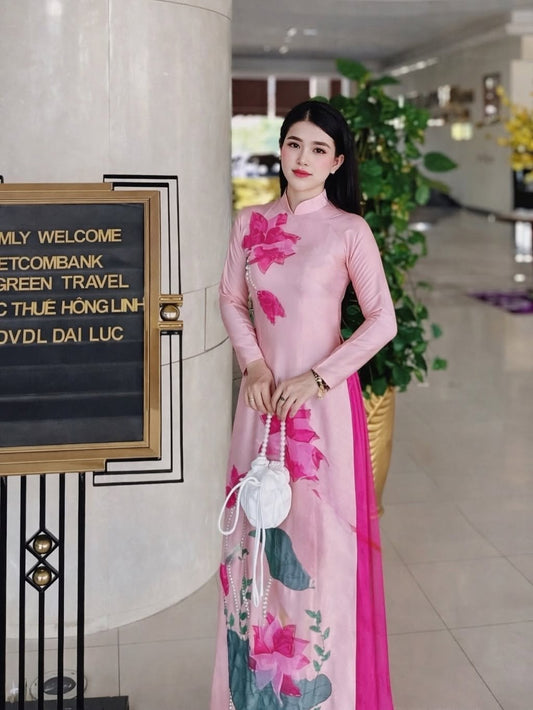 Wood-Grain Texture Silk (Lụa Vân Gỗ) Ao Dai Set – Dusty Pink