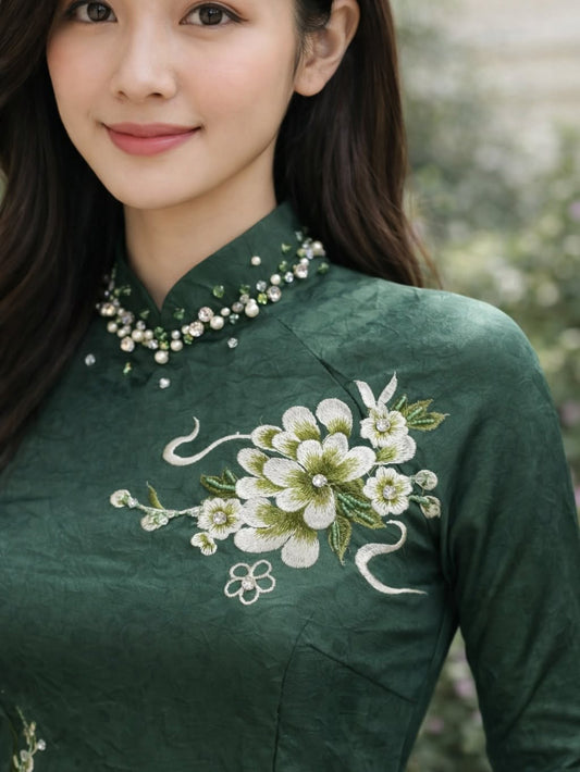 Crystal-Embellished Formal Ao Dai Set – Emerald Green