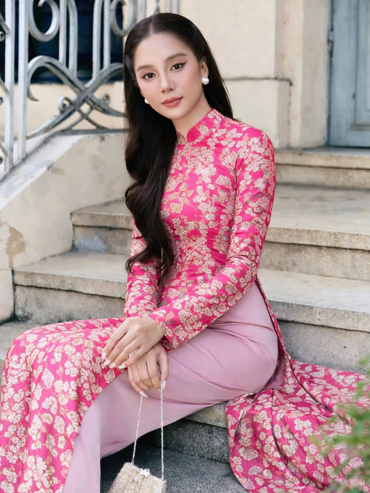 Traditional Brocade Ao Dai Set – Dusty Pink