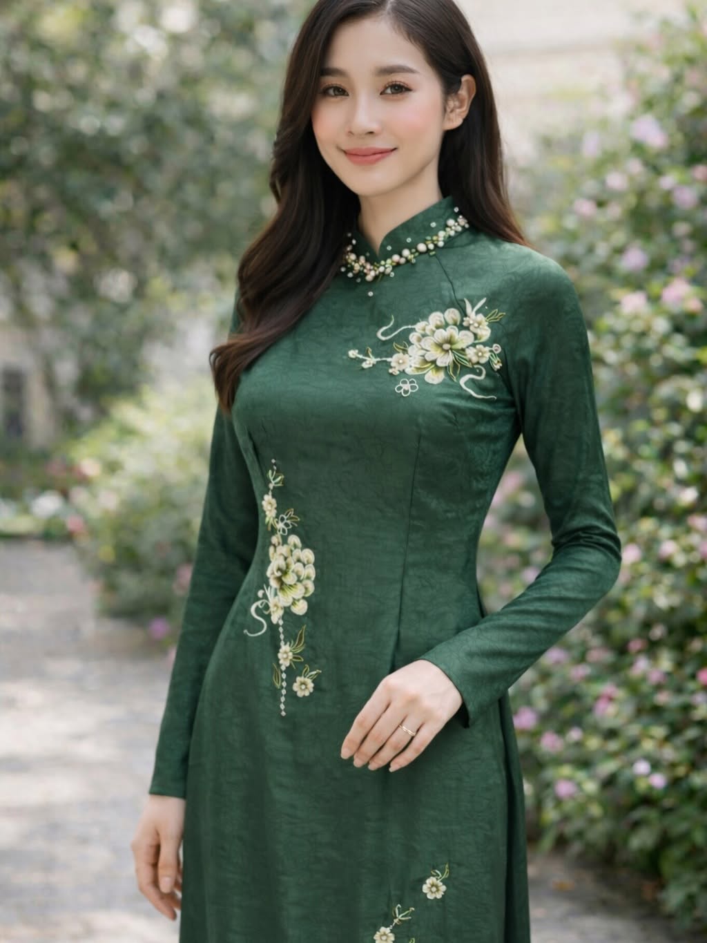 Crystal-Embellished Formal Ao Dai Set – Emerald Green