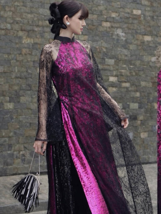 Modern Lace Ao Dai Set with Shimmering Pants – Midnight Black