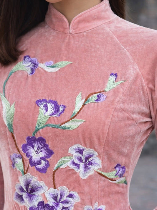 Embroidered Velvet Ao Dai Set – Blush Pink