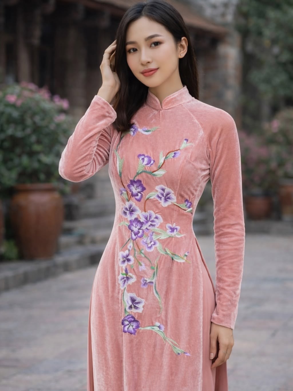 Embroidered Velvet Ao Dai Set – Blush Pink