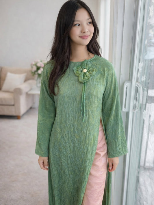 Modern Relaxed-Fit Tencel Silk Ao Dai Set – Olive Green