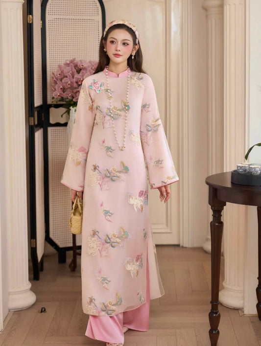 Hand-Embroidered Silk Ao Dai Set – Rose Pink