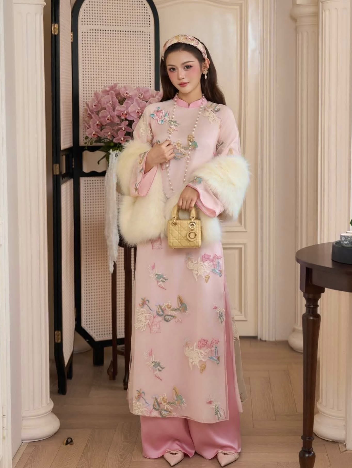 Hand-Embroidered Silk Ao Dai Set – Rose Pink