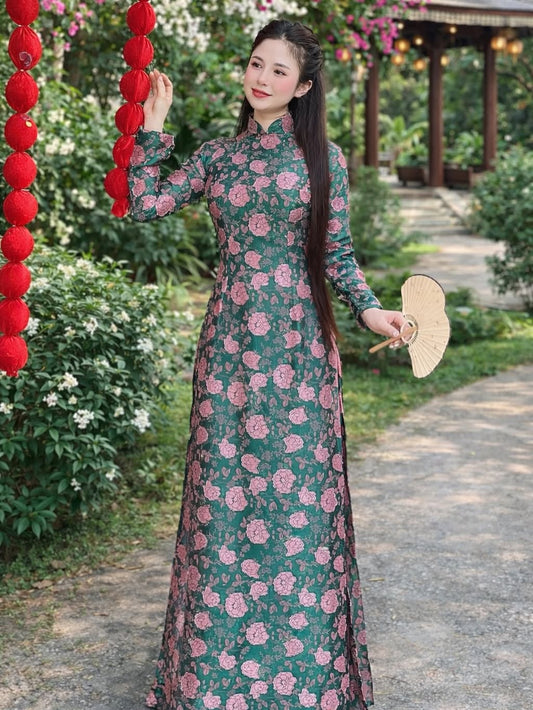 Embossed Floral Silk Ao Dai Set – Green & Pink
