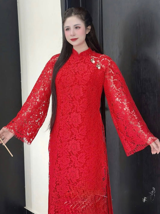 Lace Ao Dai Set with Shimmering Pants – Crimson Red & Pink
