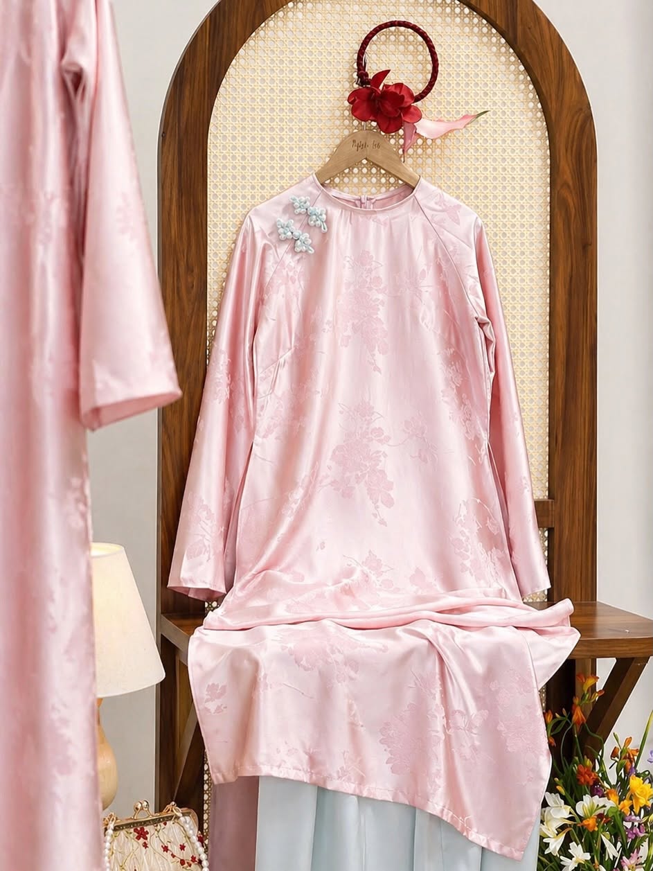 Traditional Silk Ao Dai Set with Contrast Pants – Soft Pastel Pink & Light Blue