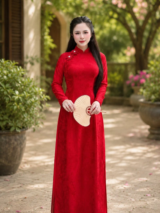 5D Silk Ao Dai Set – Crimson Red