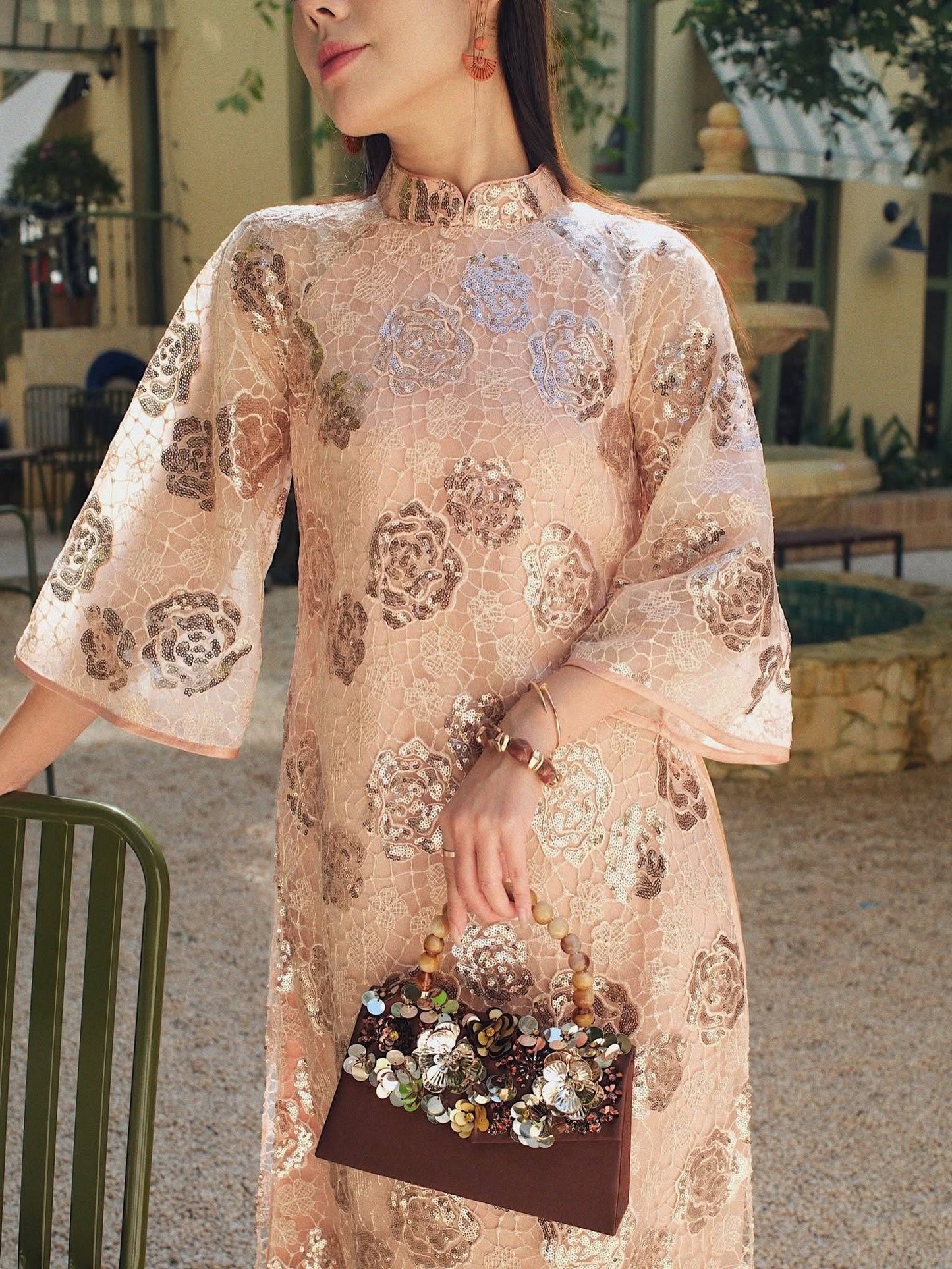 Sequin Lace Formal Ao Dai Set – Metallic Gold
