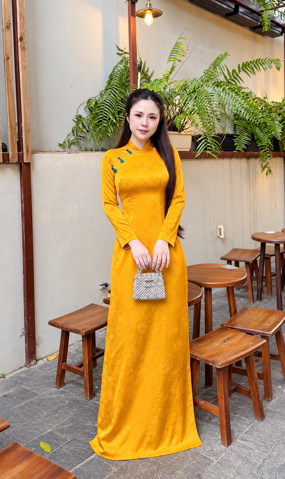 Traditonal Dubai Silk Ao Dai - Yellow and green pants