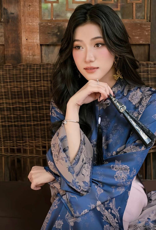 Modern Brocade Silk Áo Dài - Navy Blue