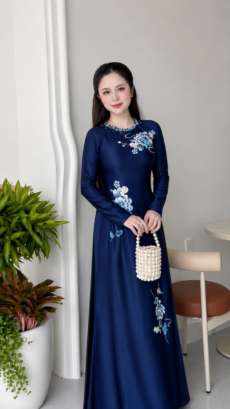 Traditional Nano Diamond Ao Dai – Navy Blue