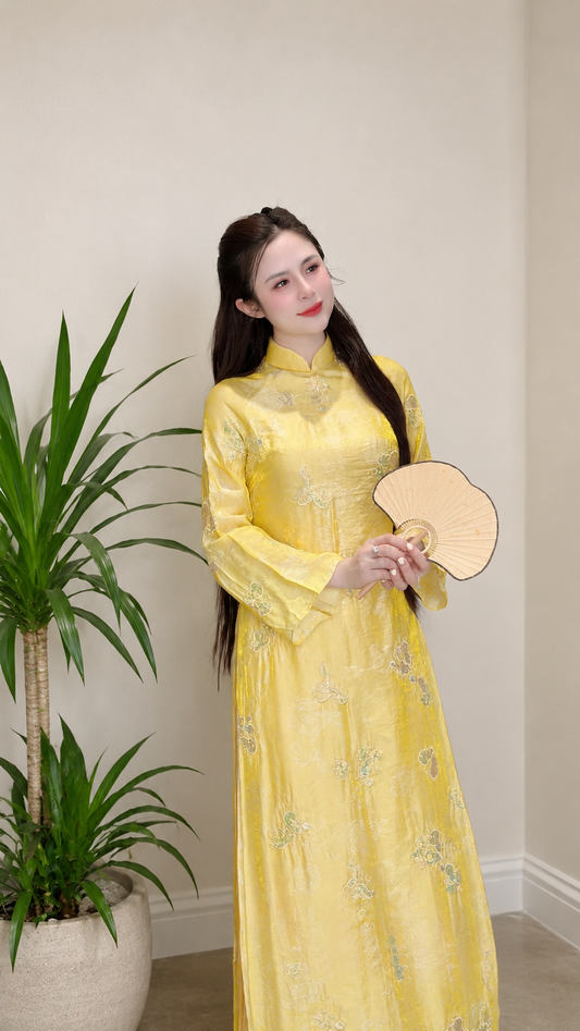 Modern Tencel áo dài with sequin embellishments - Yellow