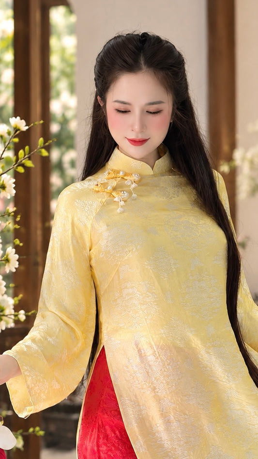 Modern Tencel Ao Dai - Yellow with Fushia pants