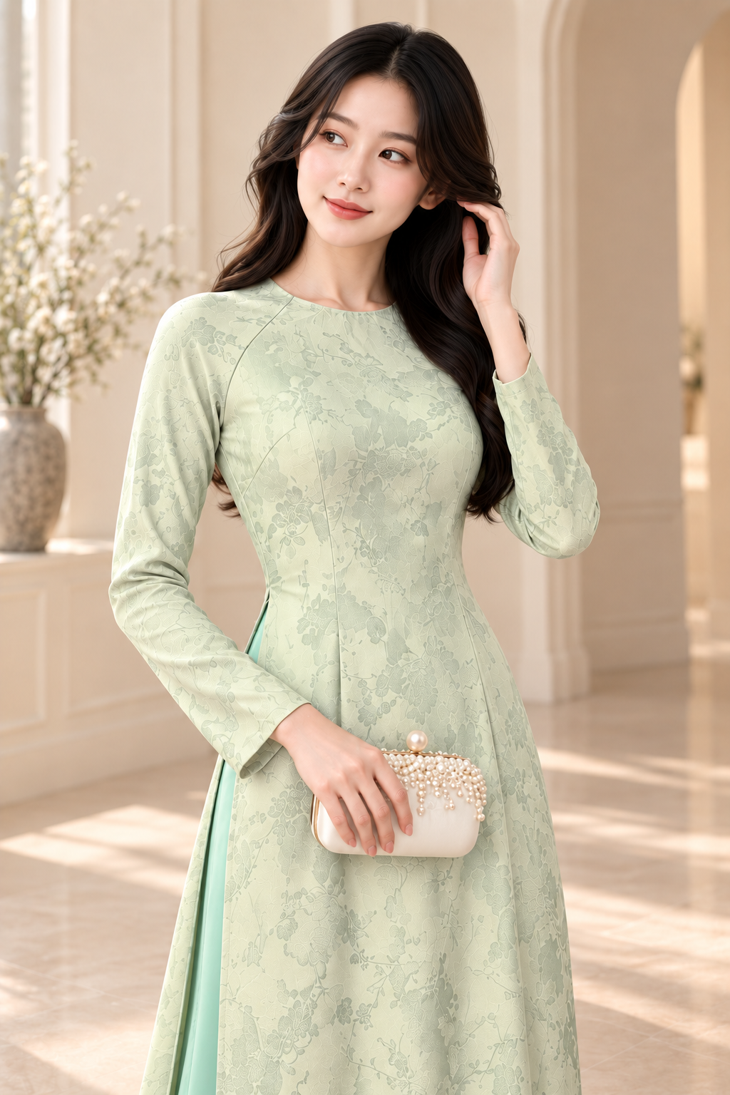 Traditional 5D Silk Áo Dài – Mint Green