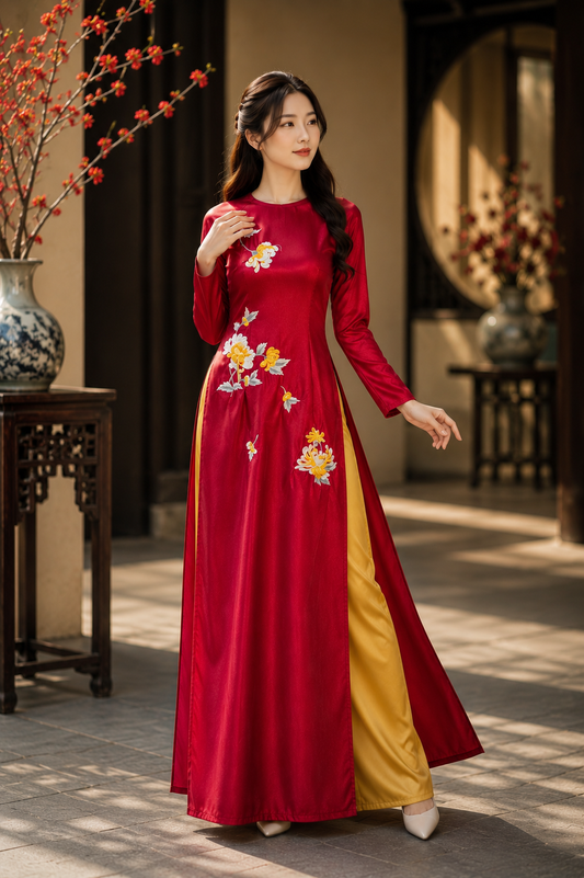 Chrysanthemum Embroidered Silk Ao Dai Set – Ruby Red