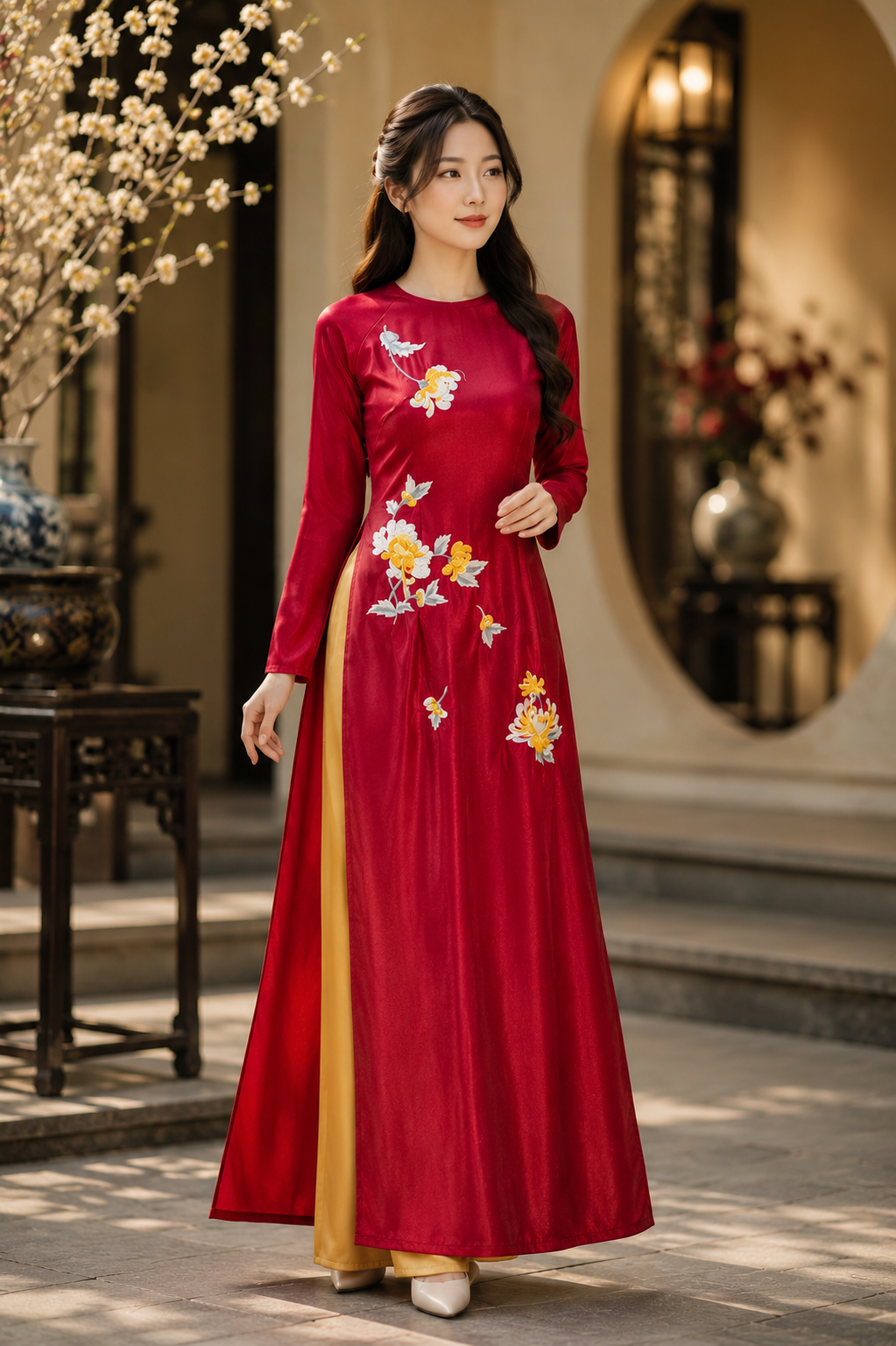 Chrysanthemum Embroidered Silk Ao Dai Set – Ruby Red