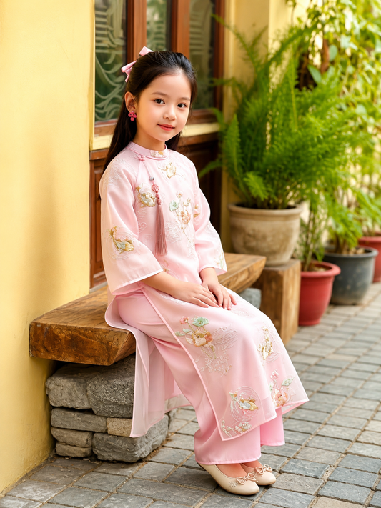 Girls’ 4-Panel Áo Dài – Soft Pink Koi Fish Embroidery