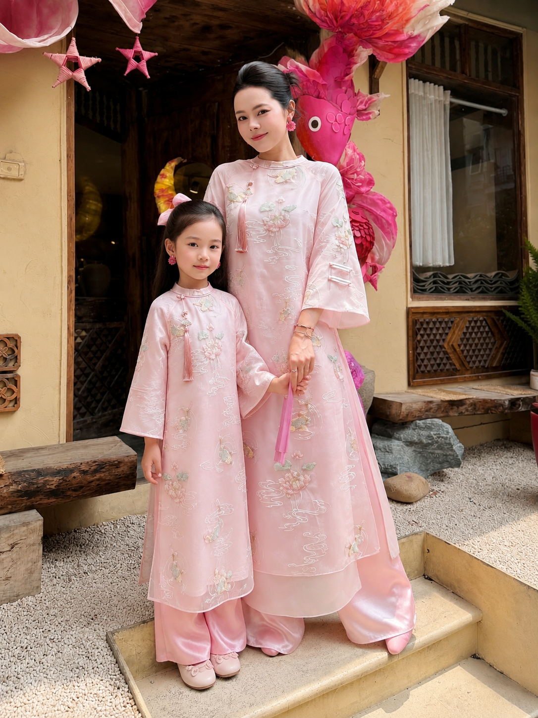 Girls’ 4-Panel Áo Dài – Soft Pink Koi Fish Embroidery