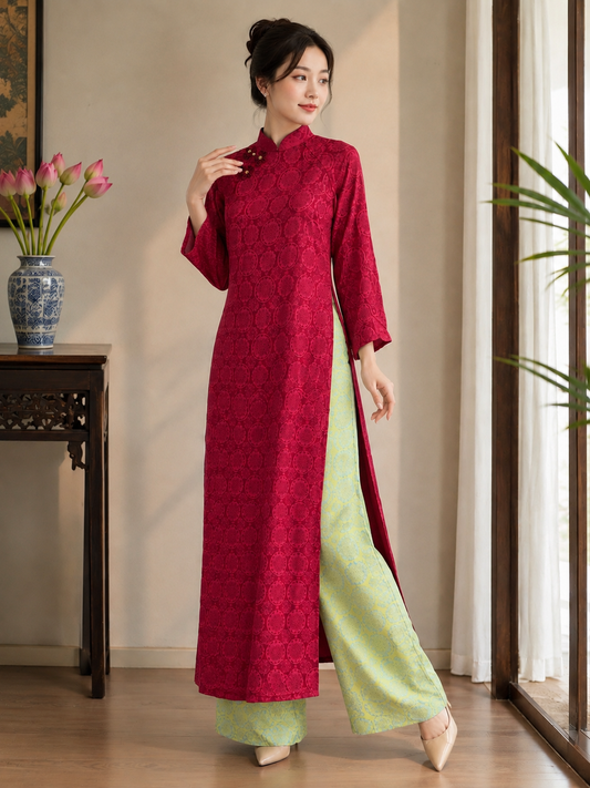 Modern Silk Ao Dai - Red with light green pants