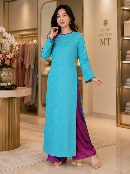 Modern Tencel Ao Dai - Turquoise and purple pants
