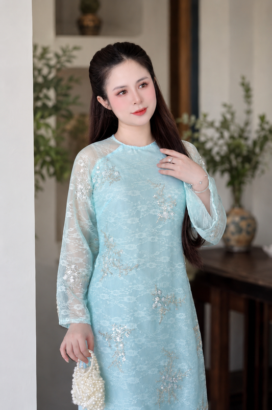 Modern Lace Ao Dai with Crystal-Embellished – Soft Blue