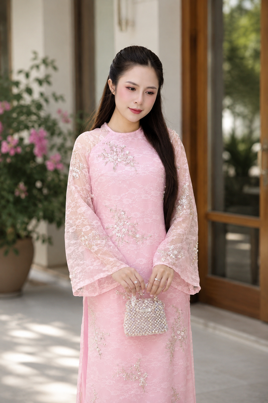 Modern Lace Ao Dai Crystal Embellished – Blush Pink