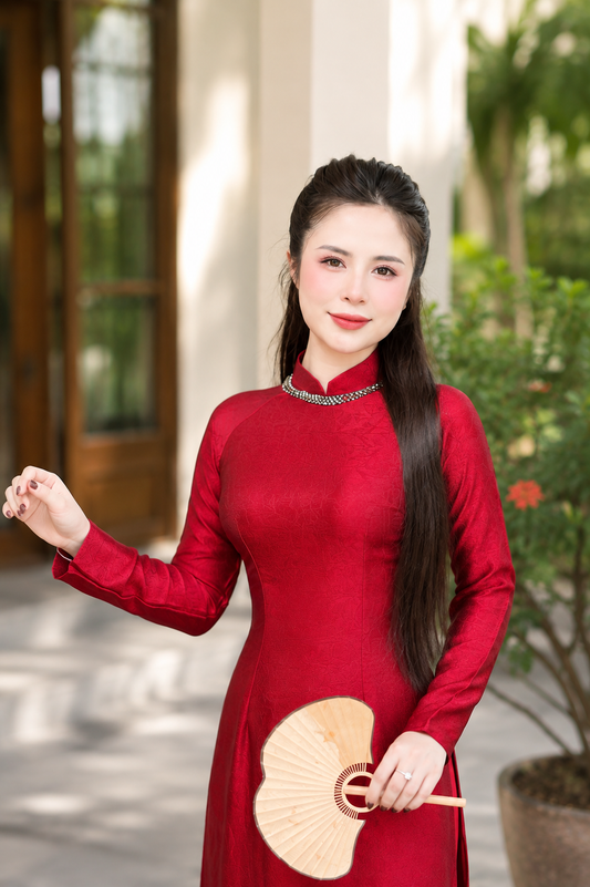 Traditional Indo Silk Ao Dai - Red with Crystal collar