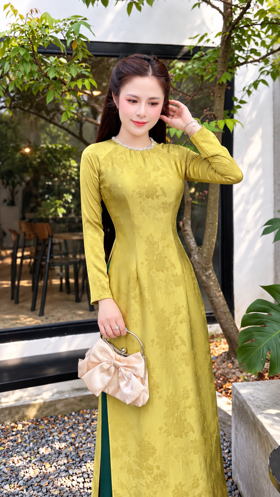Traditional 5D Silk Ao Dai - Lime green