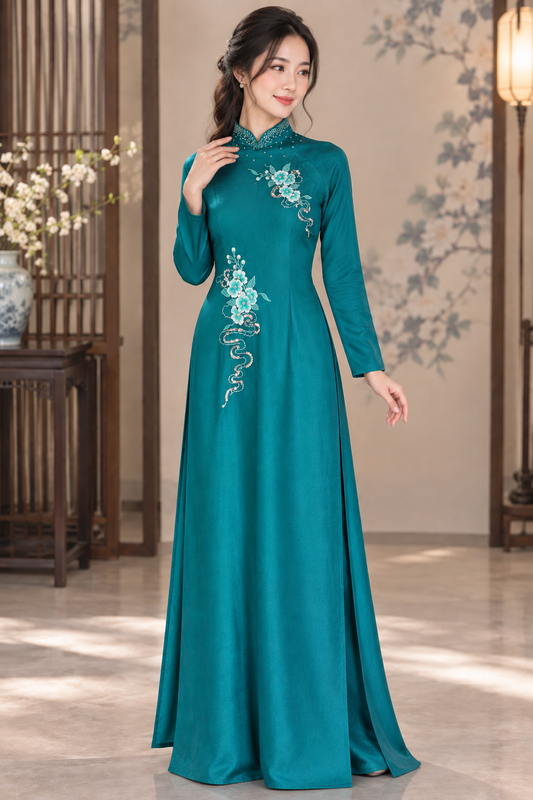 Traditonal Nano Diamond Ao Dai - Deep Teal