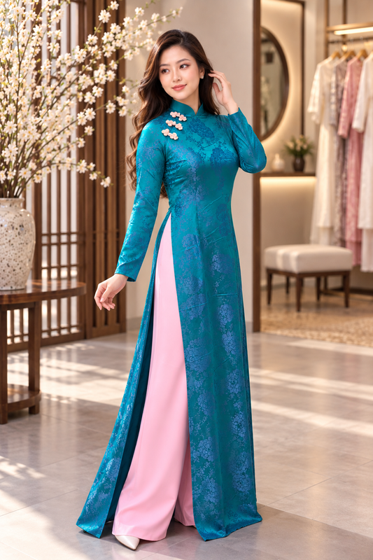 Traditional Hà Nam Silk Áo Dài – Peacock with pink pants