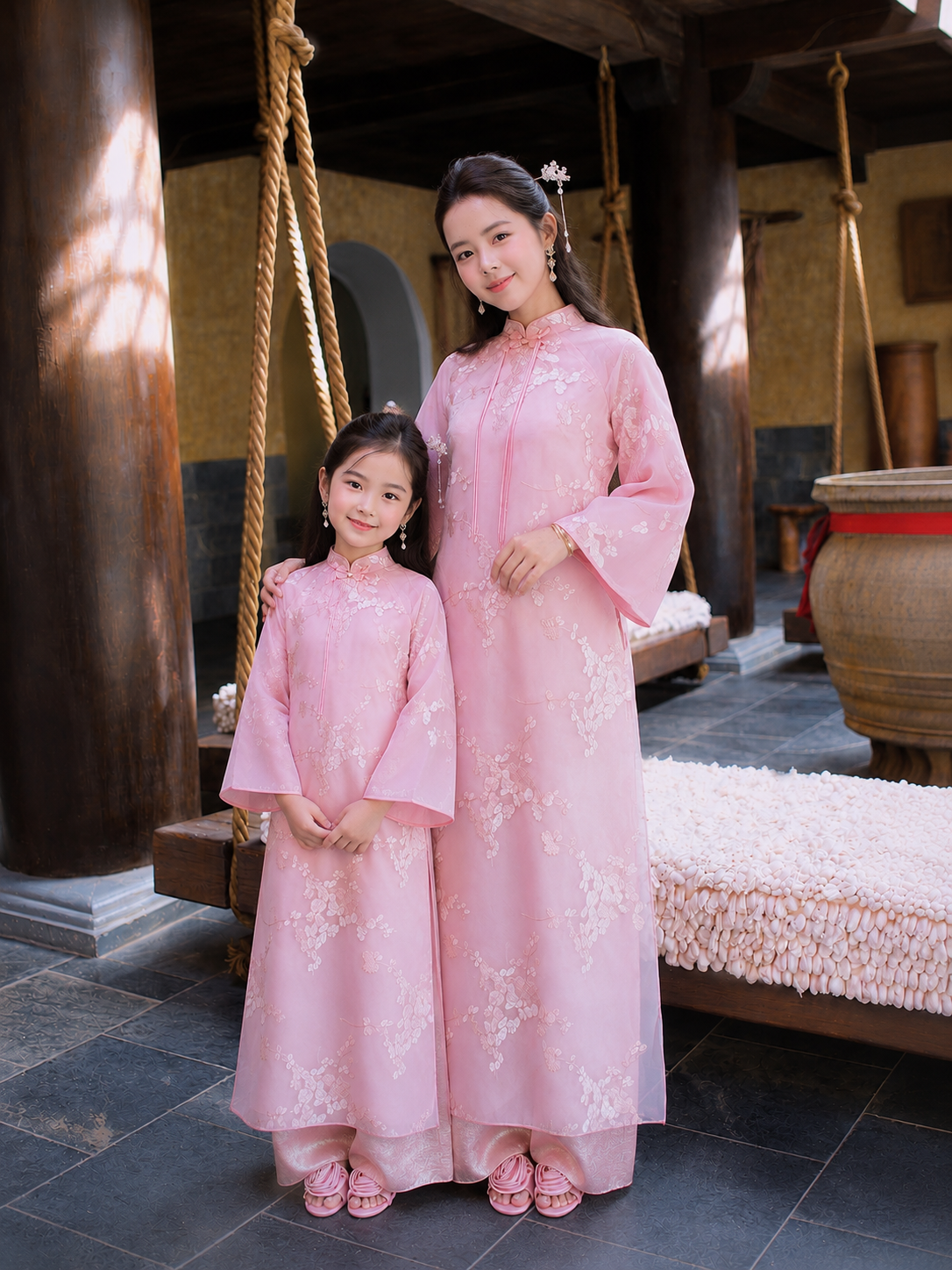 Girl’s 4 Panel Áo Dài - Pink Flower Embroidery